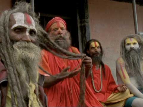 
86-year-old Hanuman Baba and 3 Hindu Sahus at Pashupatinath in Kathmandu - Michael Palin Himalaya DVD

